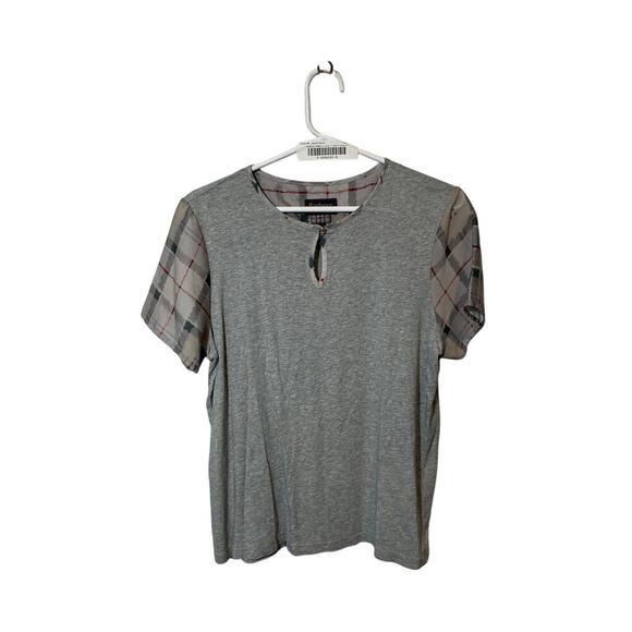 Women’s Size 8 Barbour Gray Tartan Plaid Sleeve Tee Shirt Keyhole Pullover - Picture 1 of 4